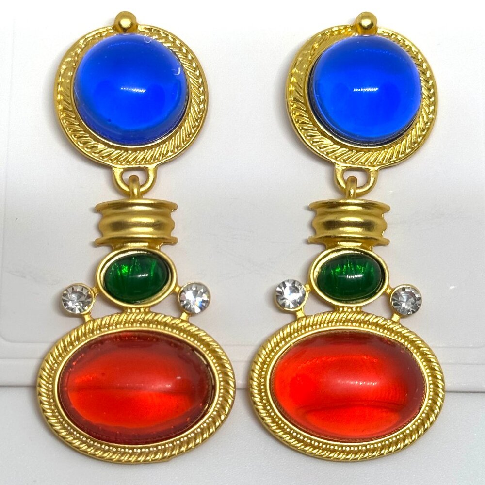Colorful ornate gold tone earrings, bright colors, imitation cabs, NWOT